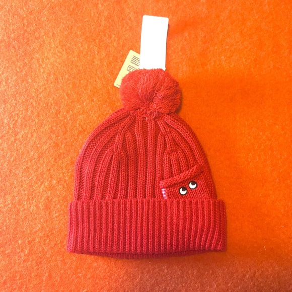 Anya Hindmarch Uniqlo red touch of wool heattech pompom beanie hat NWT - Picture 2 of 8